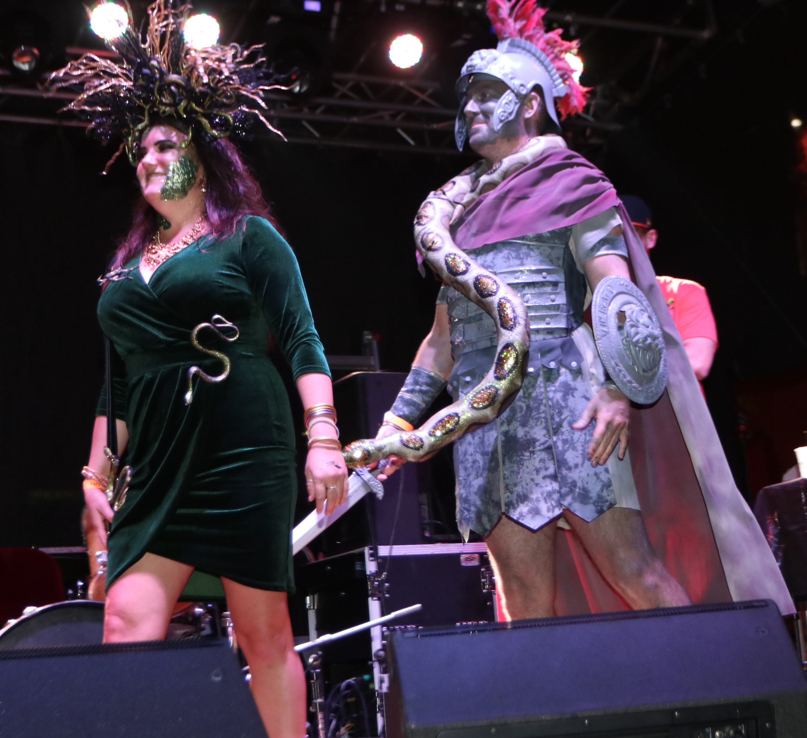 Medusa and Stone shaped like a Roman Solider  at Moonfest 2019 Costume Contest (photo by: Mike Jalches)